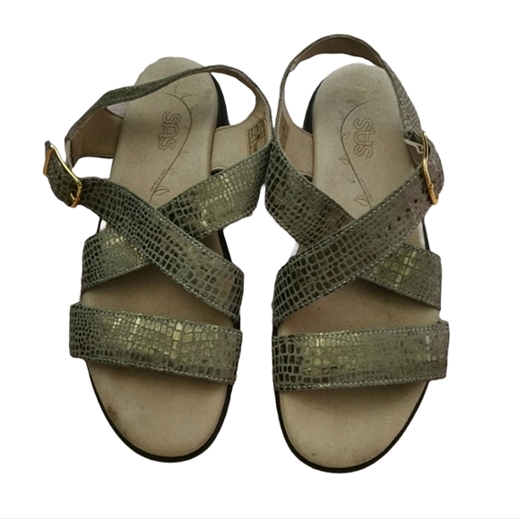 SAS Laguna olive leather metallic gold snake print comfort  cross strap - Picture 1 of 7